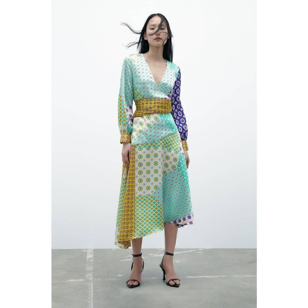 NWT ZARA PATCHWORK PRINT MIDI DRESS - Picture 8 of 14